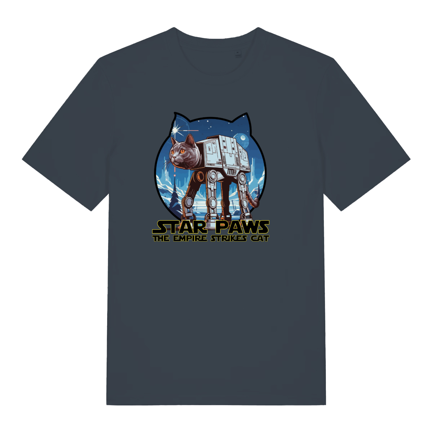 ink grey movie t-shirt with the graphic of a cat dressed as an AT-AT and the slogan 'star paws the empire strikes cat'