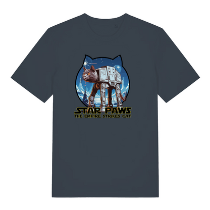 ink grey movie t-shirt with the graphic of a cat dressed as an AT-AT and the slogan 'star paws the empire strikes cat'