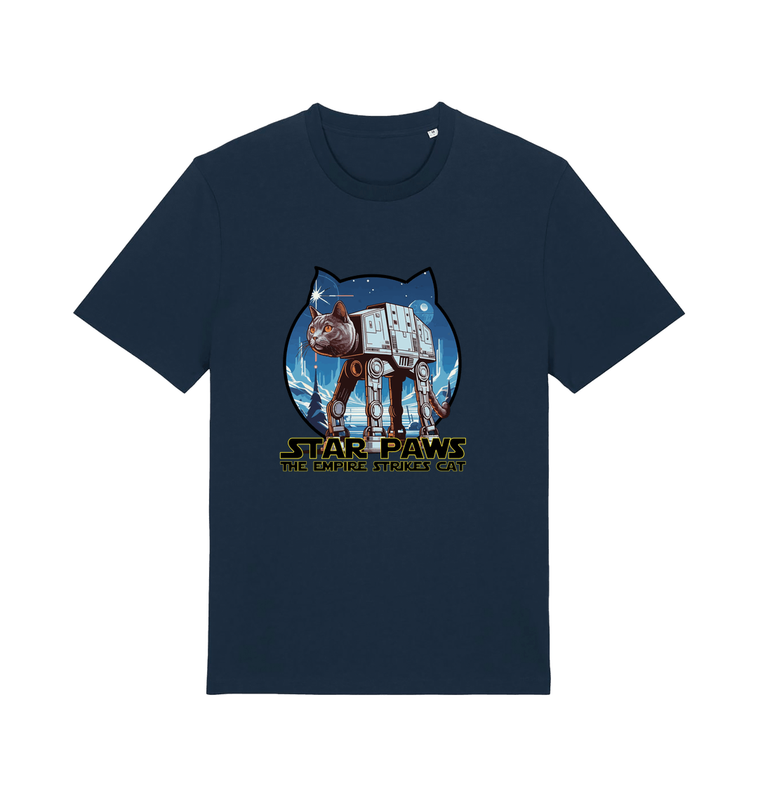 navy movie t-shirt with the graphic of a cat dressed as an at-at and the slogan 'star paws the empire strikes cat'