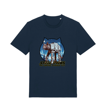 navy movie t-shirt with the graphic of a cat dressed as an at-at and the slogan 'star paws the empire strikes cat'