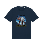 navy movie t-shirt with the graphic of a cat dressed as an at-at and the slogan 'star paws the empire strikes cat'