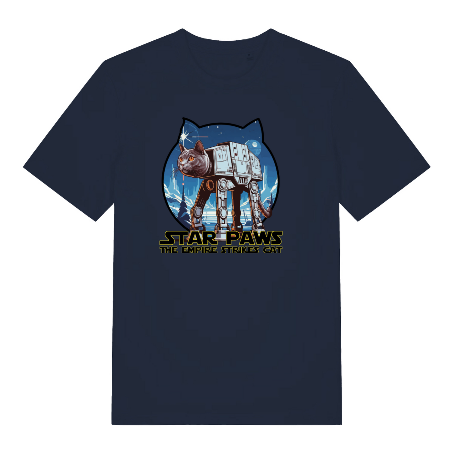 navy movie t-shirt with the graphic of a cat dressed as an AT-AT and the slogan 'star paws the empire strikes cat'