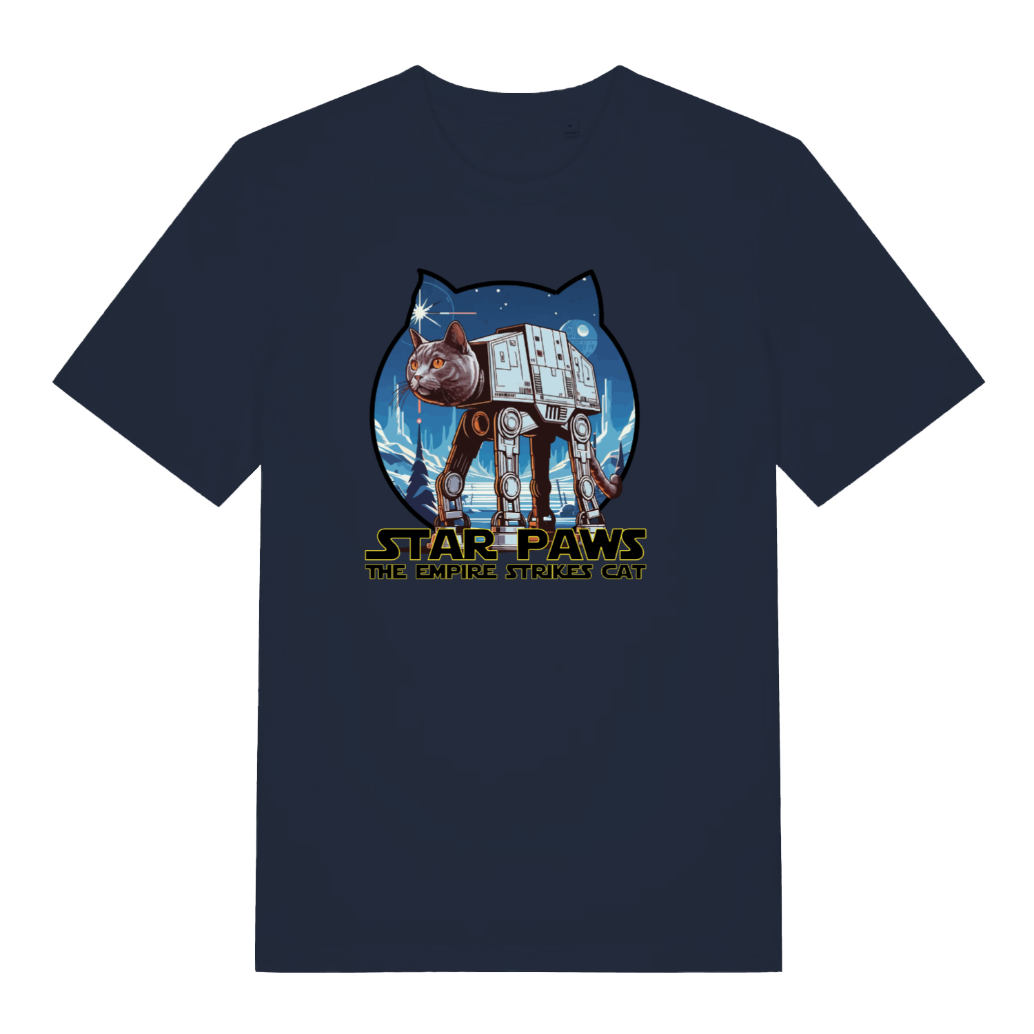 navy movie t-shirt with the graphic of a cat dressed as an AT-AT and the slogan 'star paws the empire strikes cat'