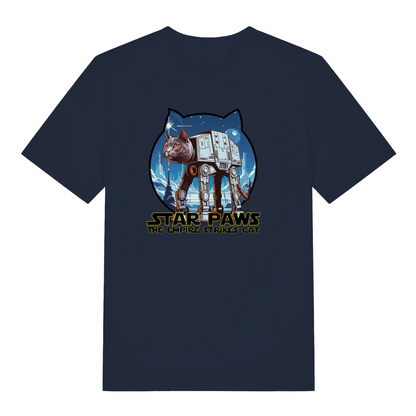 navy movie t-shirt with the graphic of a cat dressed as an AT-AT and the slogan 'star paws the empire strikes cat'