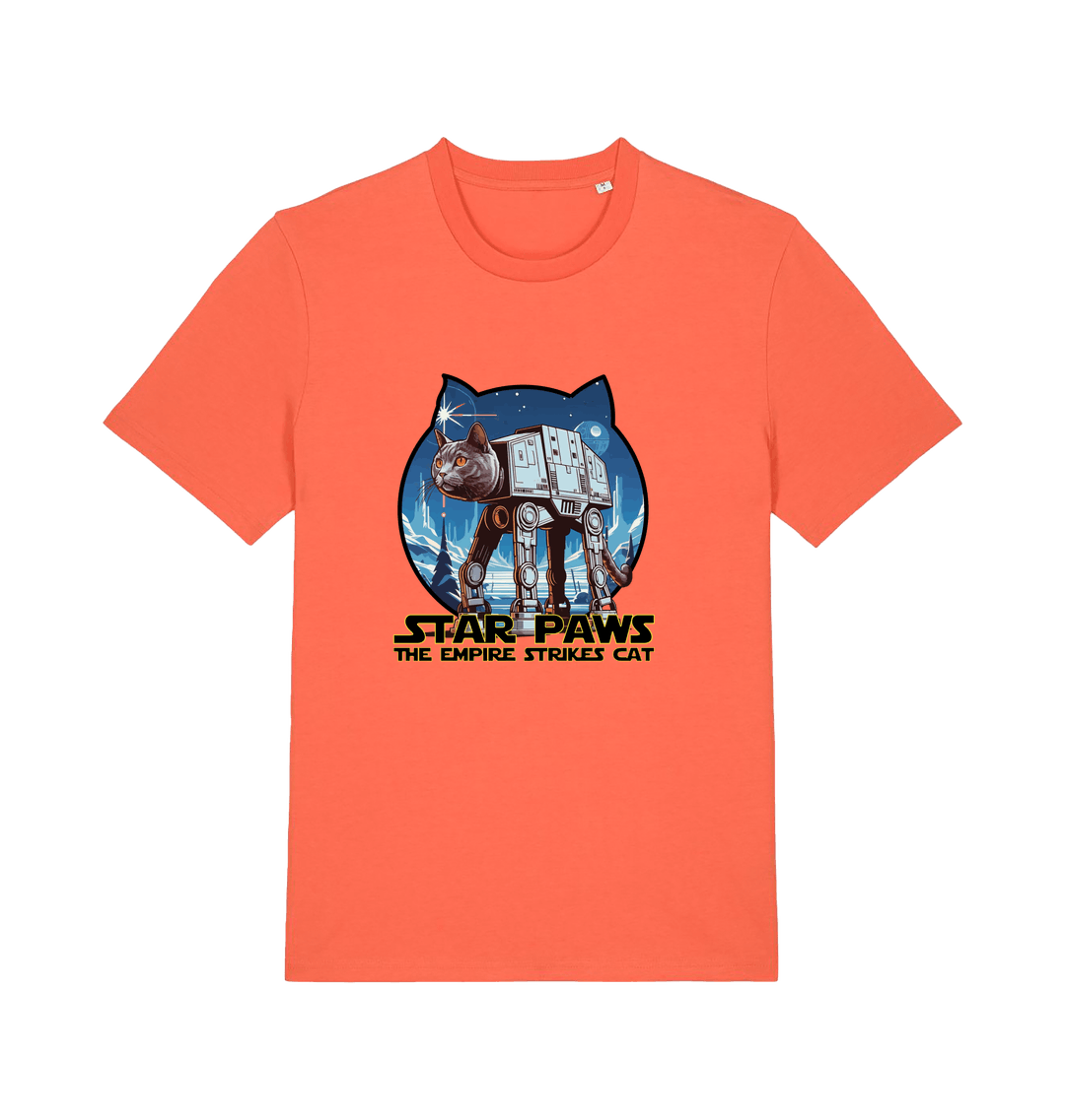 orange movie t-shirt with the graphic of a cat dressed as an at-at and the slogan 'star paws the empire strikes cat'