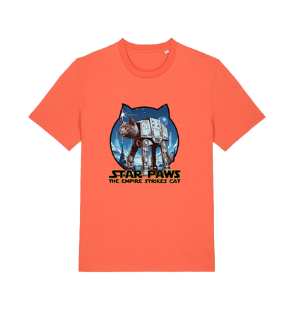 orange movie t-shirt with the graphic of a cat dressed as an at-at and the slogan 'star paws the empire strikes cat'