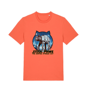 orange movie t-shirt with the graphic of a cat dressed as an at-at and the slogan 'star paws the empire strikes cat'
