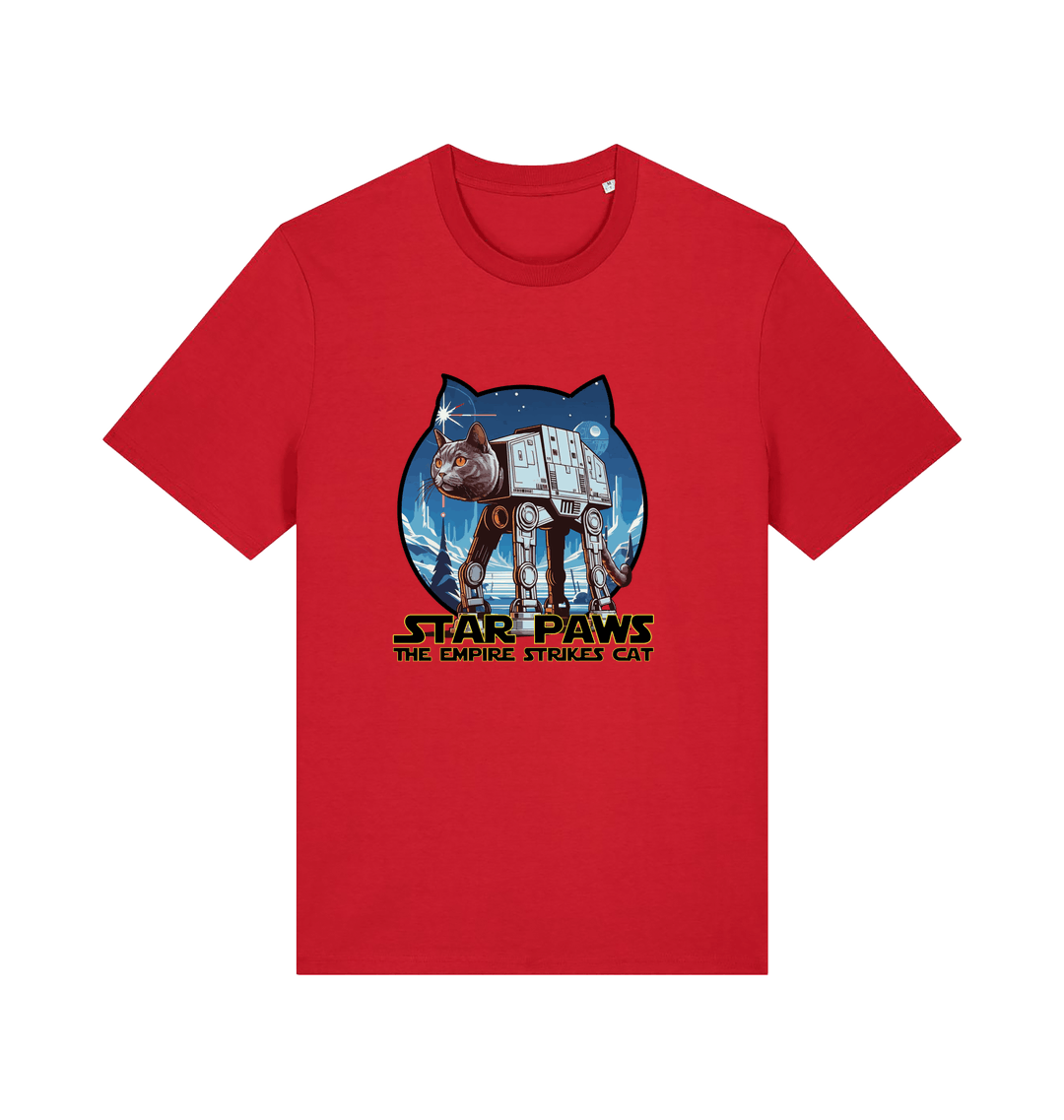 red movie t-shirt with the graphic of a cat dressed as an at-at and the slogan 'star paws the empire strikes cat'