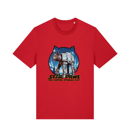 red movie t-shirt with the graphic of a cat dressed as an at-at and the slogan 'star paws the empire strikes cat'