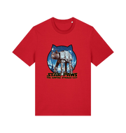 red movie t-shirt with the graphic of a cat dressed as an at-at and the slogan 'star paws the empire strikes cat'