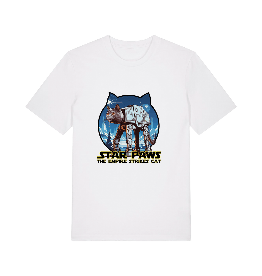 white movie t-shirt with the graphic of a cat dressed as an at-at and the slogan 'star paws the empire strikes cat'