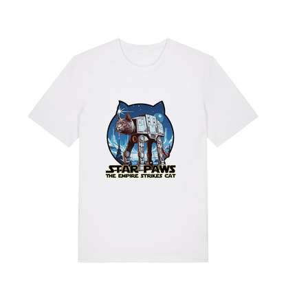 white movie t-shirt with the graphic of a cat dressed as an at-at and the slogan 'star paws the empire strikes cat'