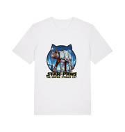 white movie t-shirt with the graphic of a cat dressed as an at-at and the slogan 'star paws the empire strikes cat'
