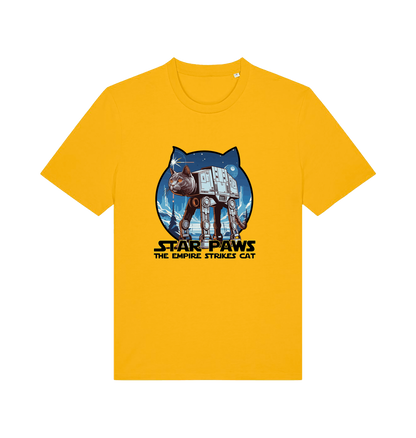 yellow movie t-shirt with the graphic of a cat dressed as an at-at and the slogan 'star paws the empire strikes cat'