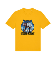 yellow movie t-shirt with the graphic of a cat dressed as an at-at and the slogan 'star paws the empire strikes cat'
