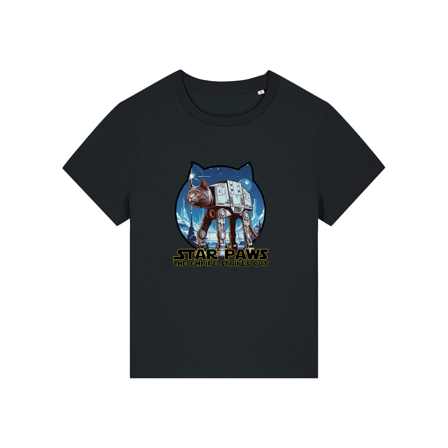 black geek t-shirt with the graphic of a cat as an AT-AT and the slogan 'star paws the empire strikes cat'