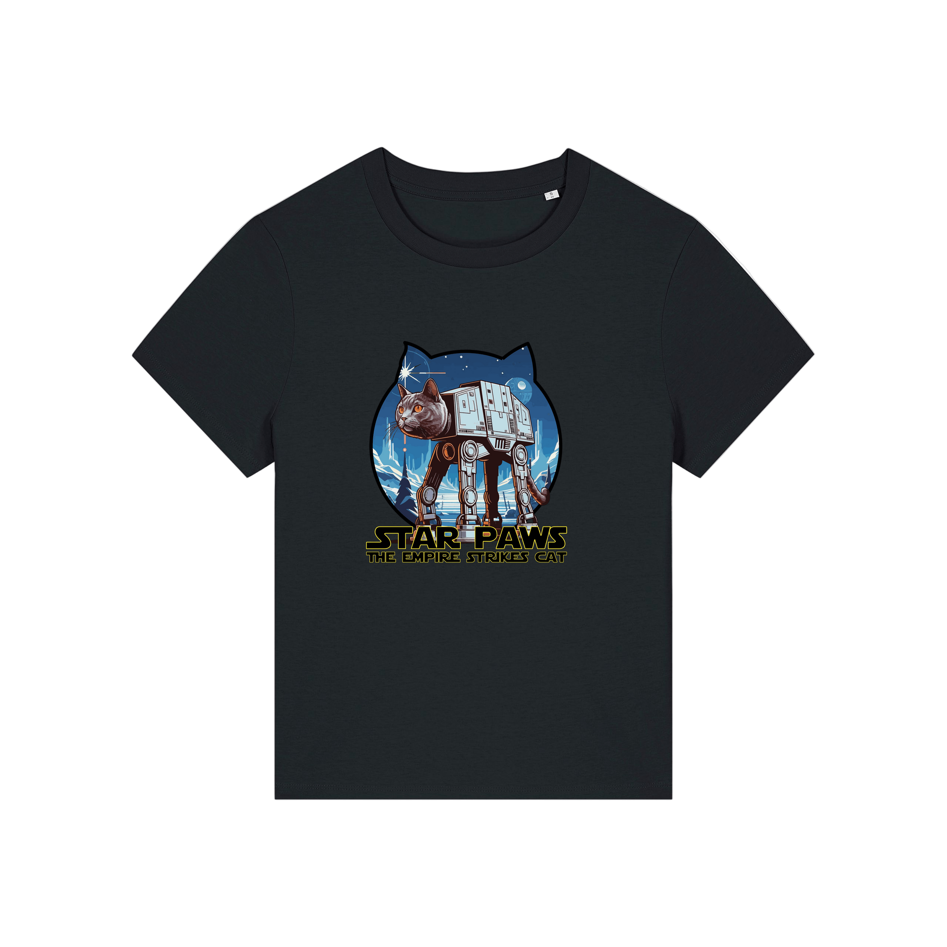 black geek t-shirt with the graphic of a cat as an AT-AT and the slogan 'star paws the empire strikes cat'