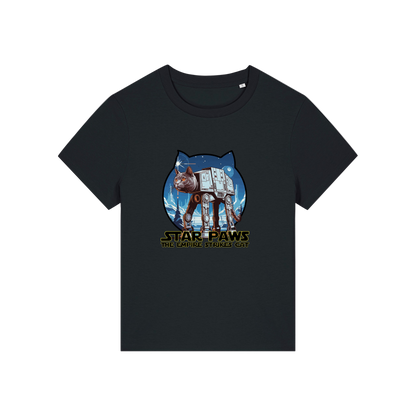 black geek t-shirt with the graphic of a cat as an AT-AT and the slogan 'star paws the empire strikes cat'