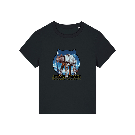 black geek t-shirt with the graphic of a cat as an AT-AT and the slogan 'star paws the empire strikes cat'