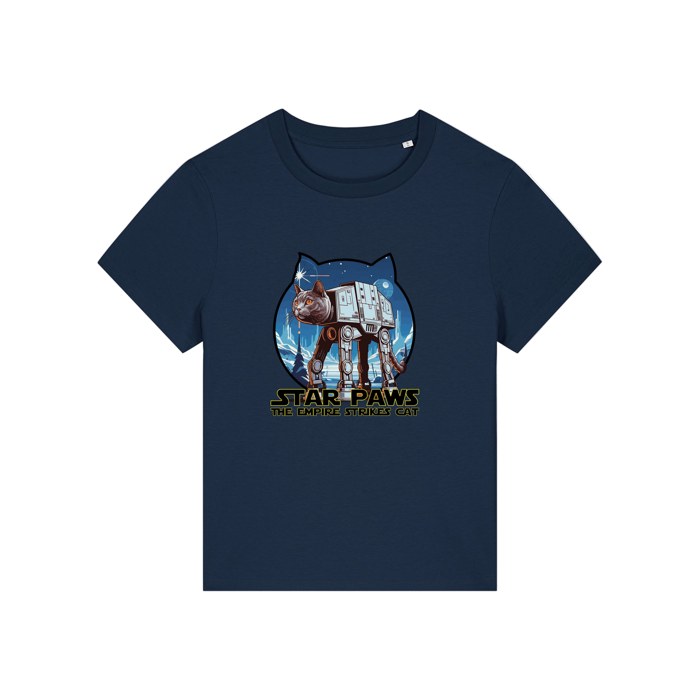 navy geek t-shirt with the graphic of a cat as an AT-AT and the slogan 'star paws the empire strikes cat'