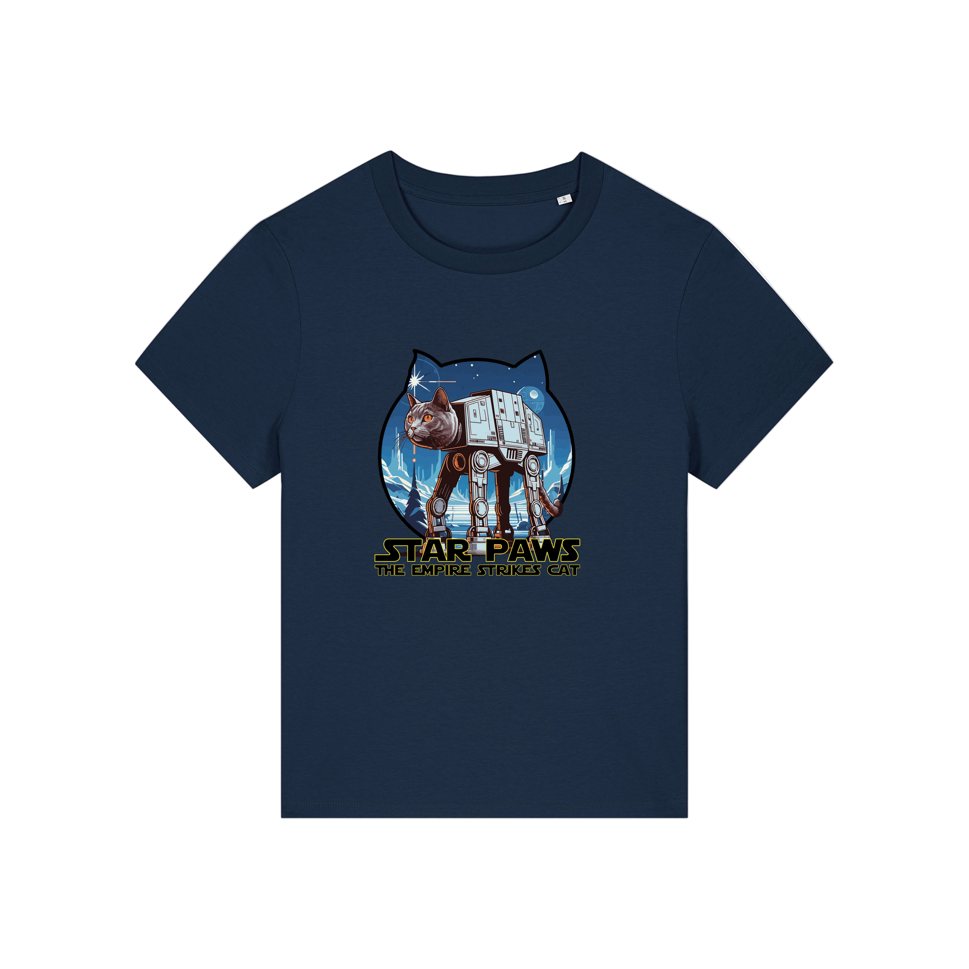 navy geek t-shirt with the graphic of a cat as an AT-AT and the slogan 'star paws the empire strikes cat'