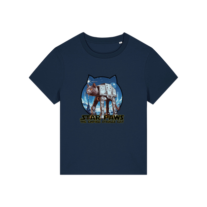 navy geek t-shirt with the graphic of a cat as an AT-AT and the slogan 'star paws the empire strikes cat'