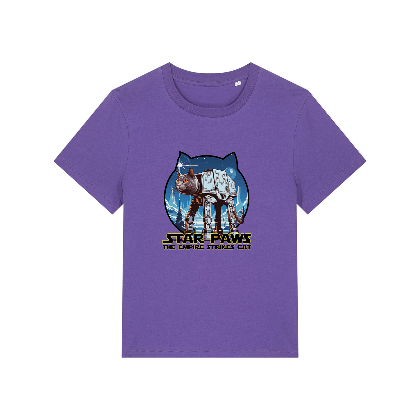 purple geek t-shirt with the graphic of a cat as an AT-AT and the slogan 'star paws the empire strikes cat'
