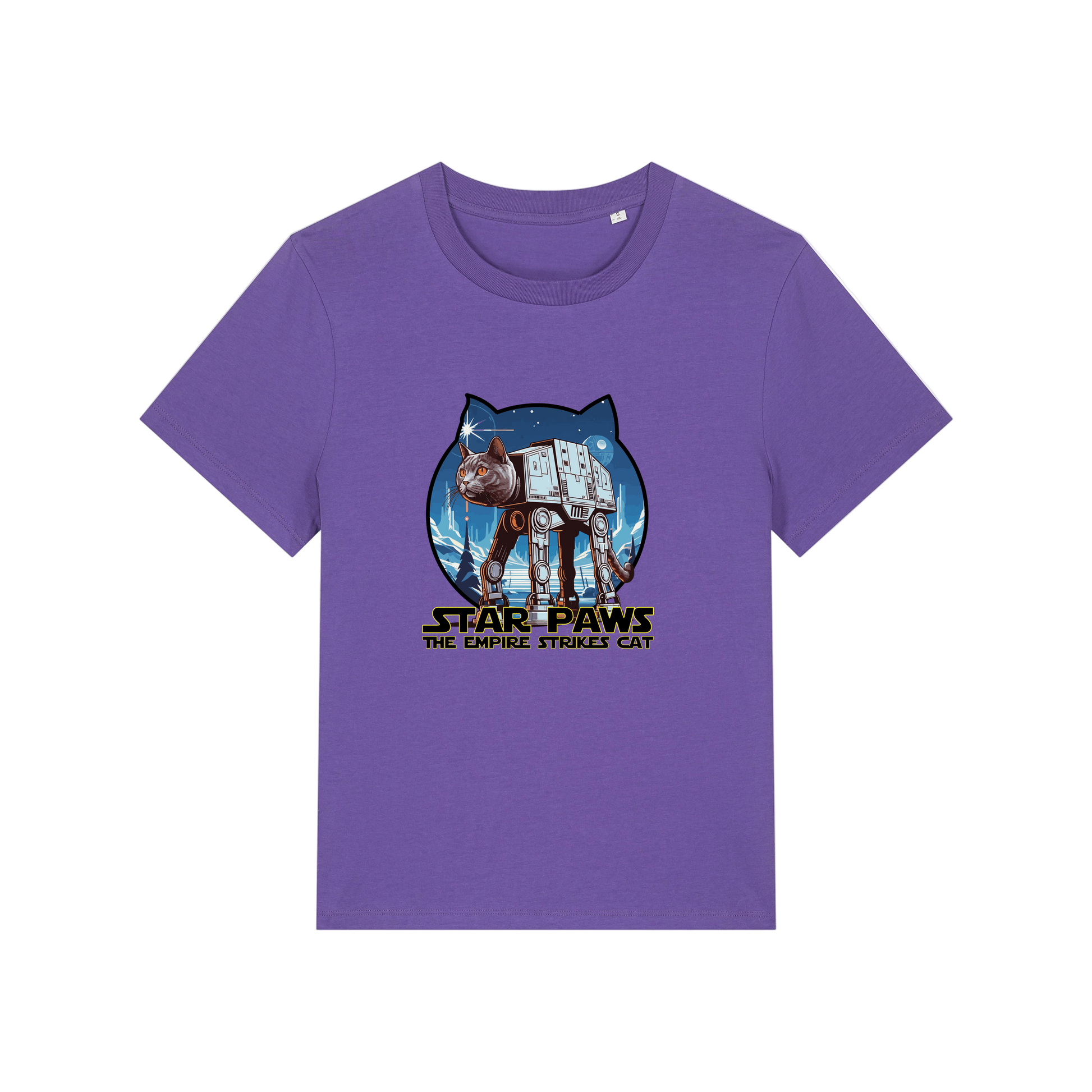 purple geek t-shirt with the graphic of a cat as an AT-AT and the slogan 'star paws the empire strikes cat'