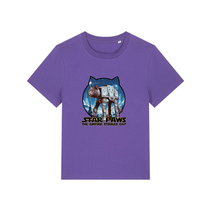 purple geek t-shirt with the graphic of a cat as an AT-AT and the slogan 'star paws the empire strikes cat'