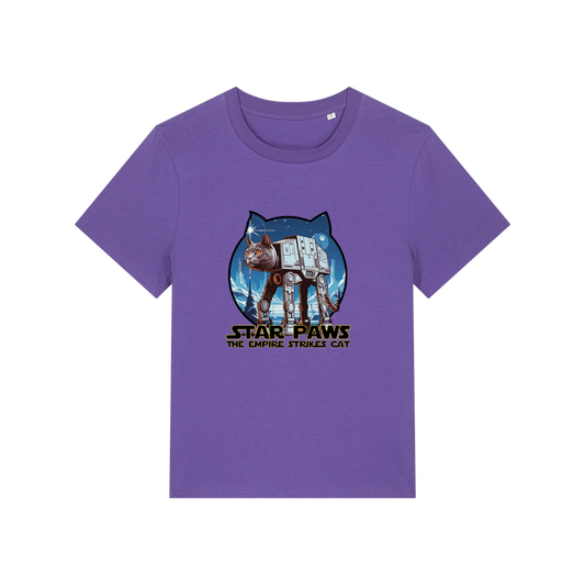 purple geek t-shirt with the graphic of a cat as an AT-AT and the slogan 'star paws the empire strikes cat'
