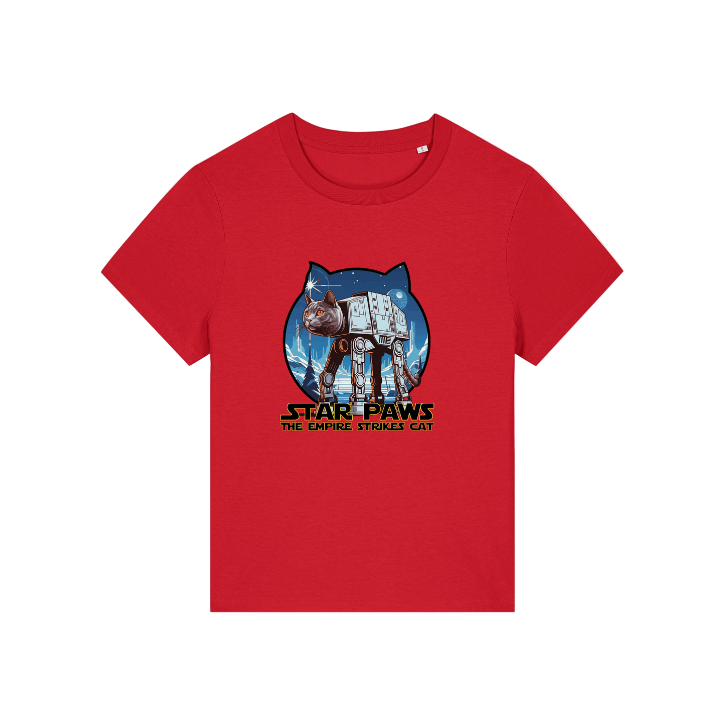 red geek t-shirt with the graphic of a cat as an AT-AT and the slogan 'star paws the empire strikes cat'