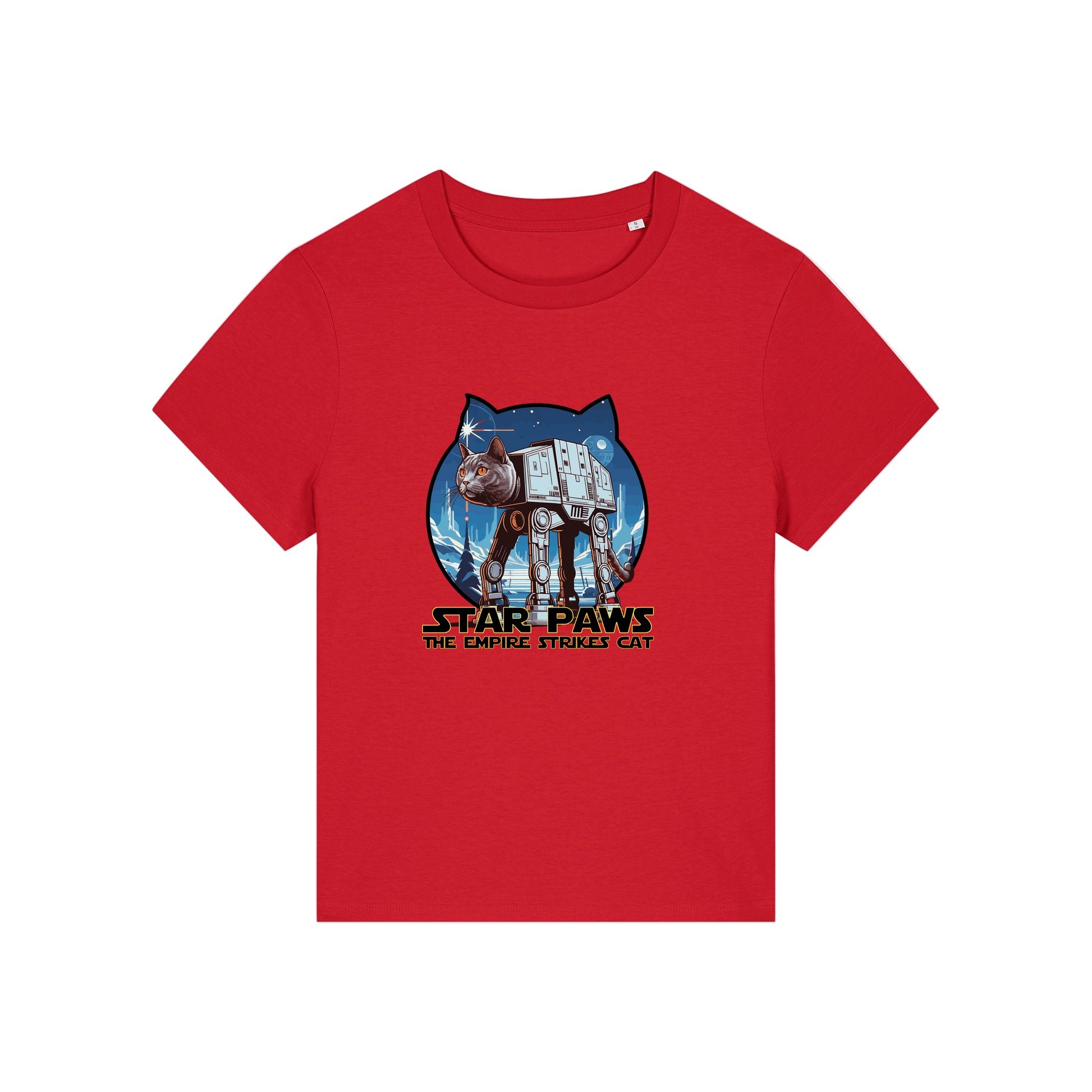red geek t-shirt with the graphic of a cat as an AT-AT and the slogan 'star paws the empire strikes cat'