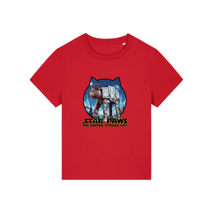 red geek t-shirt with the graphic of a cat as an AT-AT and the slogan 'star paws the empire strikes cat'