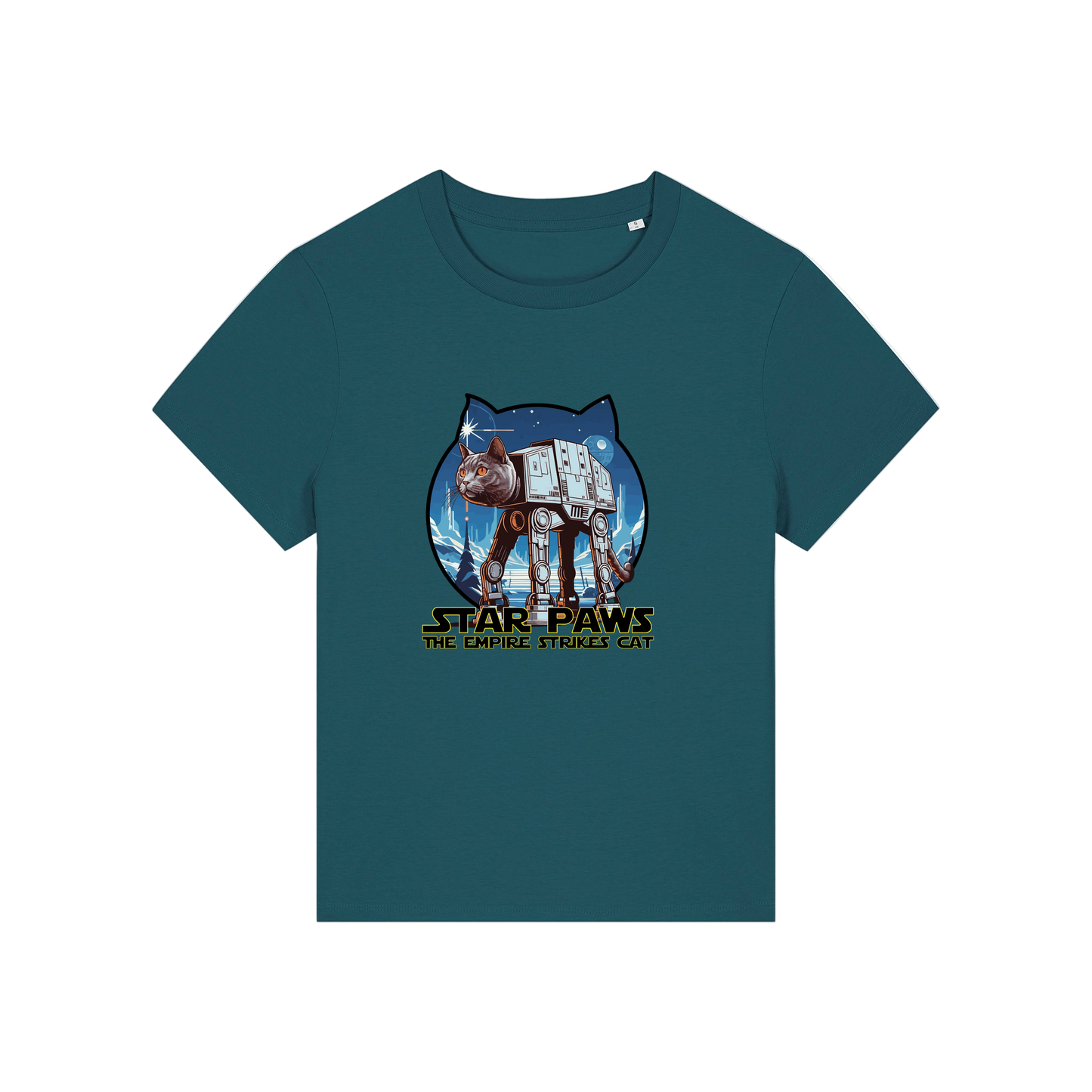 teal geek t-shirt with the graphic of a cat as an AT-AT and the slogan 'star paws the empire strikes cat'