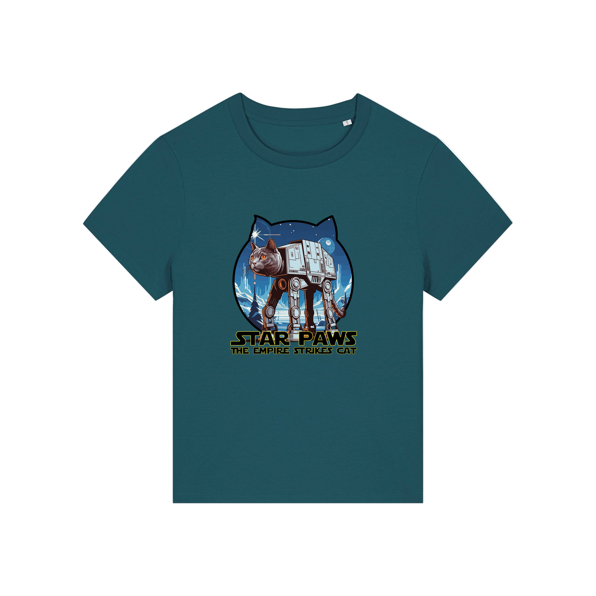 teal geek t-shirt with the graphic of a cat as an AT-AT and the slogan 'star paws the empire strikes cat'