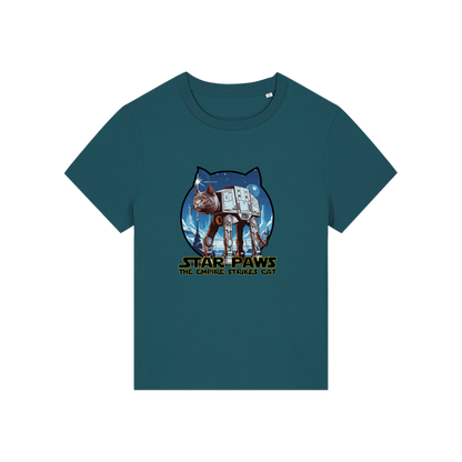 teal geek t-shirt with the graphic of a cat as an AT-AT and the slogan 'star paws the empire strikes cat'