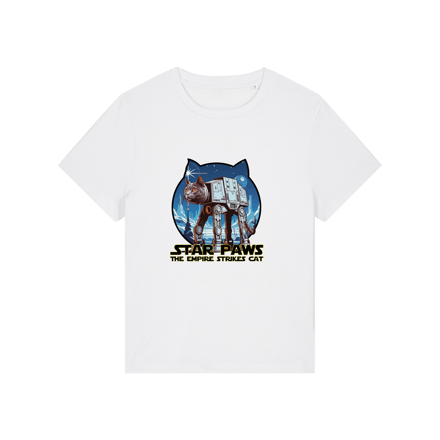 white geek t-shirt with the graphic of a cat as an AT-AT and the slogan 'star paws the empire strikes cat'