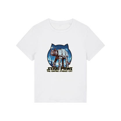 white geek t-shirt with the graphic of a cat as an AT-AT and the slogan 'star paws the empire strikes cat'