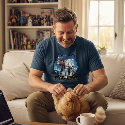 Man sitting on a couch with a cat, wearing a Star Wars-themed t-shirt, in a cozy living room.