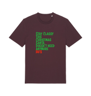 red brown christmas t-shirt with the slogan 'stay classy this christmas santa doesn't need anymore ho's'