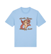 light blue funny t-shirt with the graphic of cupid and the slogan 'stealin hearts and blastin farts'