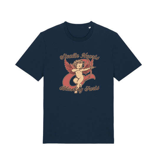 navy funny t-shirt with the graphic of cupid and the slogan 'stealin hearts and blastin farts'