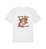 white funny t-shirt with the graphic of cupid and the slogan 'stealin hearts and blastin farts'