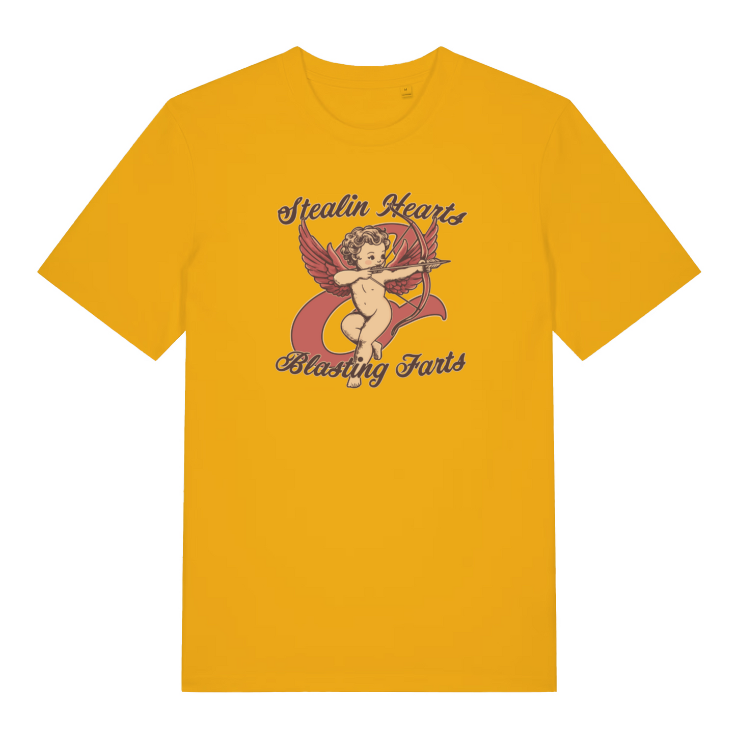 yellow funny t-shirt with the graphic of a cherub and the slogan 'stealin hearts and blasting farts'