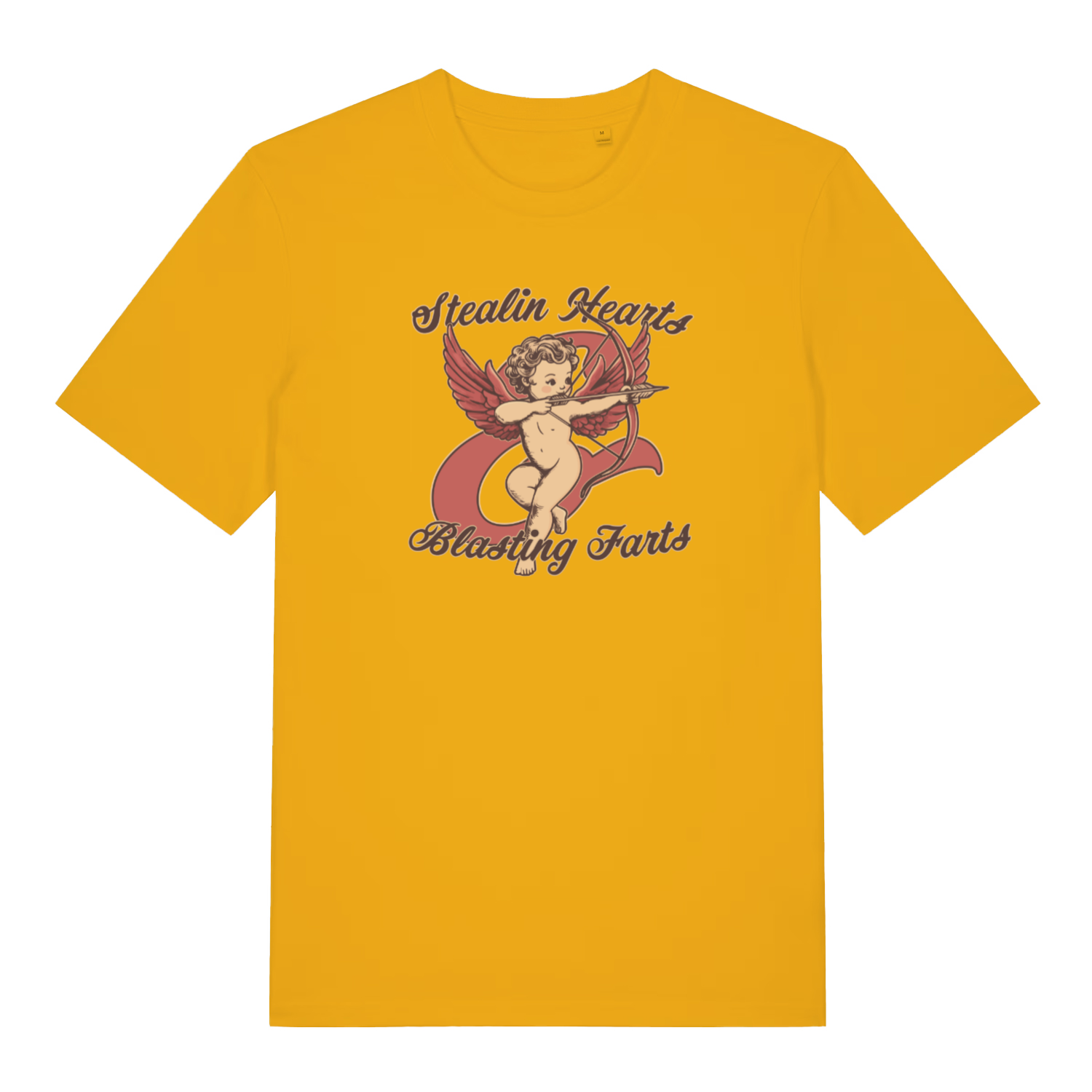 yellow funny t-shirt with the graphic of a cherub and the slogan 'stealin hearts and blasting farts'