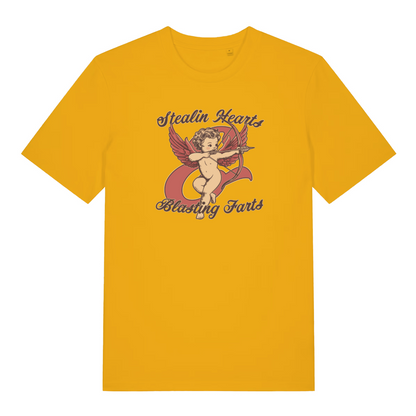 yellow funny t-shirt with the graphic of a cherub and the slogan 'stealin hearts and blasting farts'