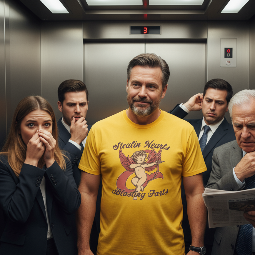 Man in a yellow t-shirt with graphic design standing in an elevator with other people.