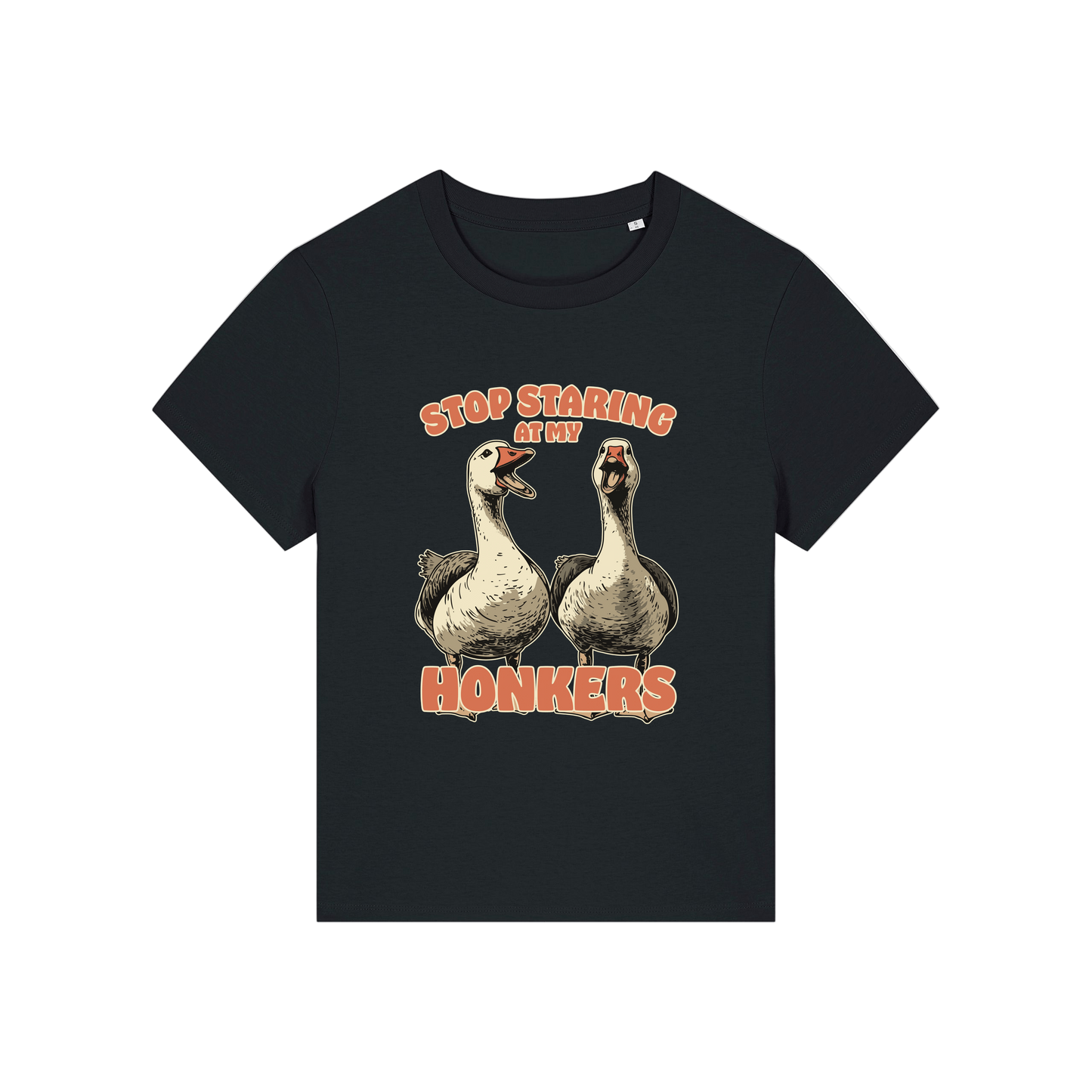 black graphic t-shirt with the graphic of two geese and the slogan 'stop staring at my honkers'