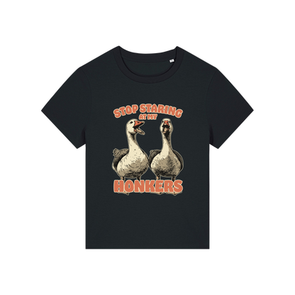 black graphic t-shirt with the graphic of two geese and the slogan 'stop staring at my honkers'