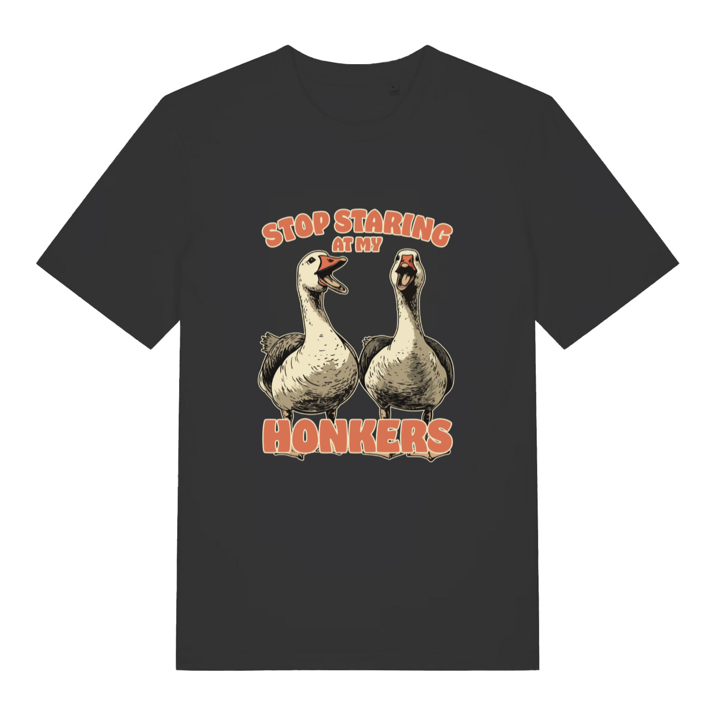 black women's funny animal t-shirt with the graphic of two geese and the slogan 'stop staring at my honkers'
